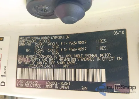 2018 Toyota 4Runner Sr5 Premium z USA, uszkodzony, nr VIN JTEZU5JR1J5187111